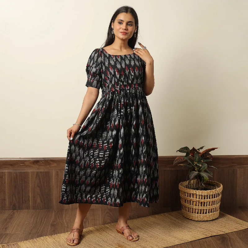 Black - Pochampally Ikat Weave Cotton Flared Dress 15