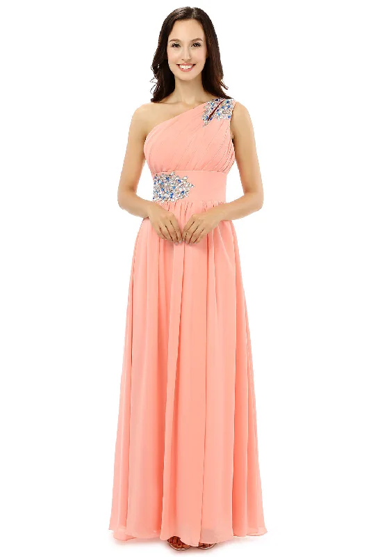 A-line One-shoulder Chiffon Beaded Crystals Coral Corset Bridesmaid Dresses outfit