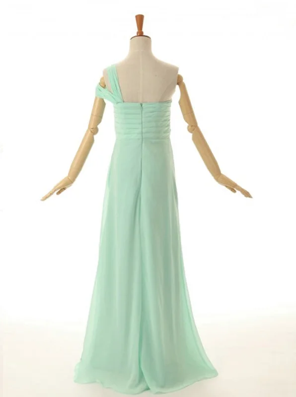 A-Line One Shoulder Floor Length Mint Green Bridesmaid Dress