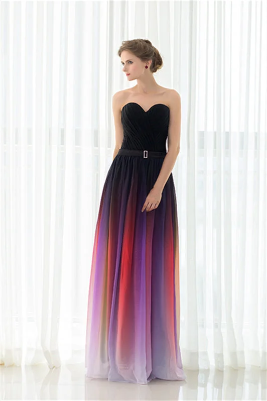 A Line Strapless Sleeveless Colorful Chiffon Floor Length Corset Prom Dresses With Belt Gowns