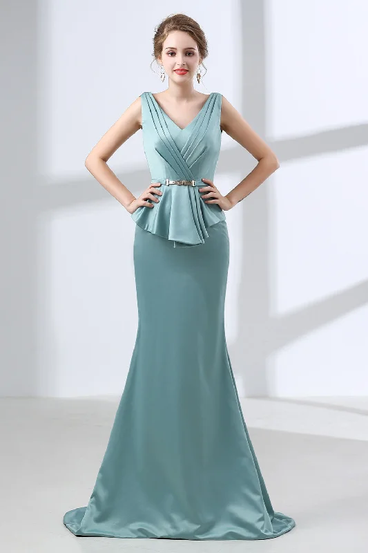 Blue Mermaid Satin V-neck Backless Corset Prom Dresses With Sash Gowns