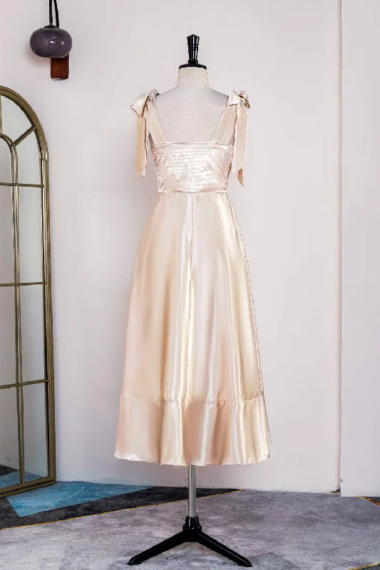 Champagne Bow Tie Straps A-line Satin Tea-Length Bridesmaid Dress