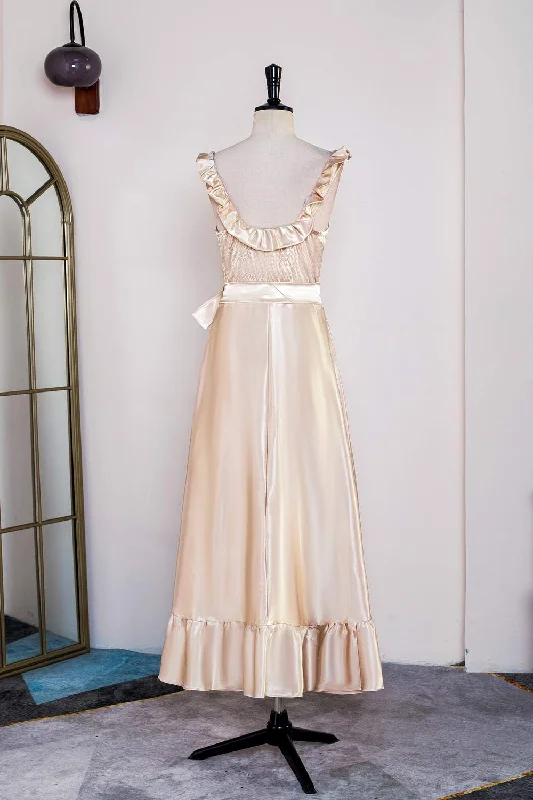 Champagne Sleeveless Ruffled A-line Tea-Length Bridesmaid Dress with Sash