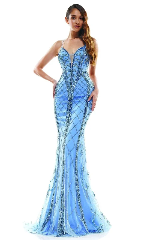 Colors Dress - J127 Beaded Strappy Trumpet Gown With Sweep Train