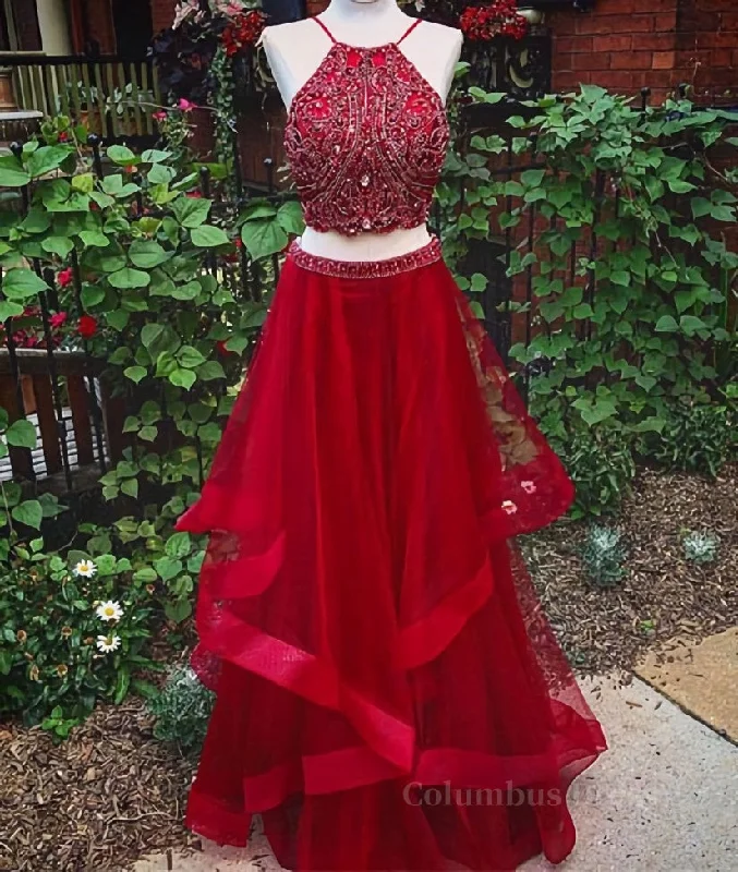 Custom Made Beaded Red Halter Two Piece Corset Prom Dresses ,Corset Formal Dresses outfit