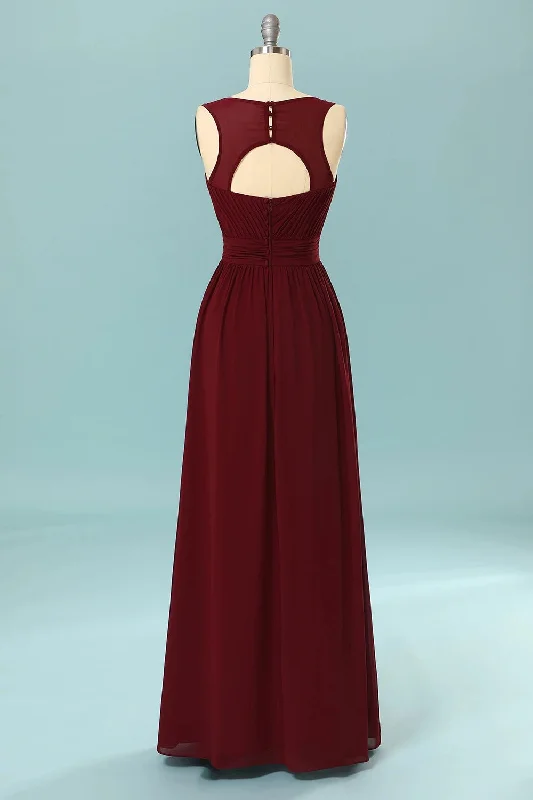 Elegant Pleated Burgundy Bridesmaid Dress with Keyhole