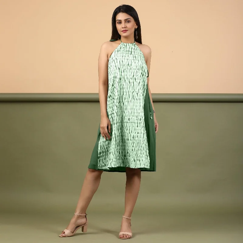 Forest Green Halter Neck Tie-Dye Cotton Knee Length Dress