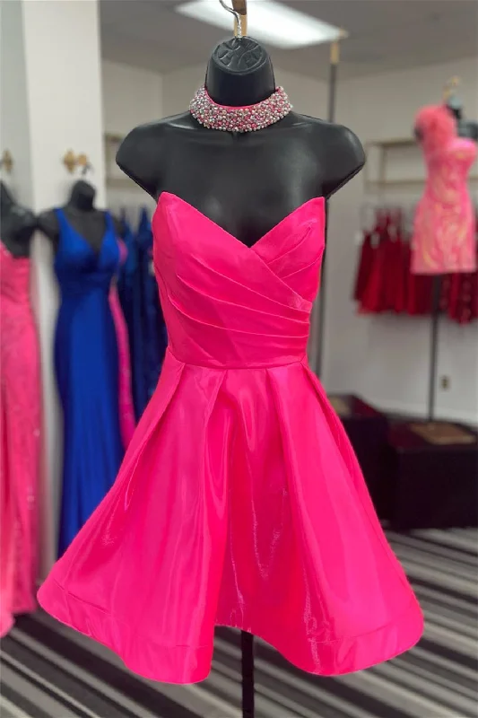 Fuchsia Strapless Surplice A-line Satin Homecoming Dress