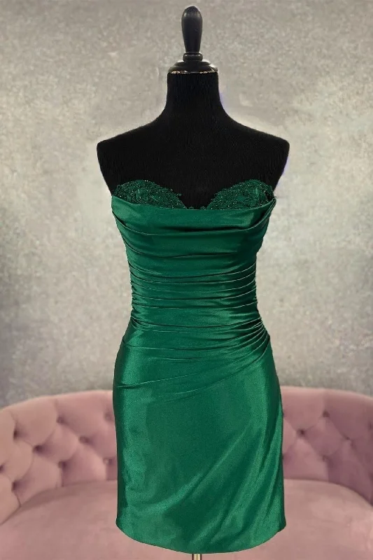 Hunter Green Strapless Beaded Pleated Sheath Homecoming Dress