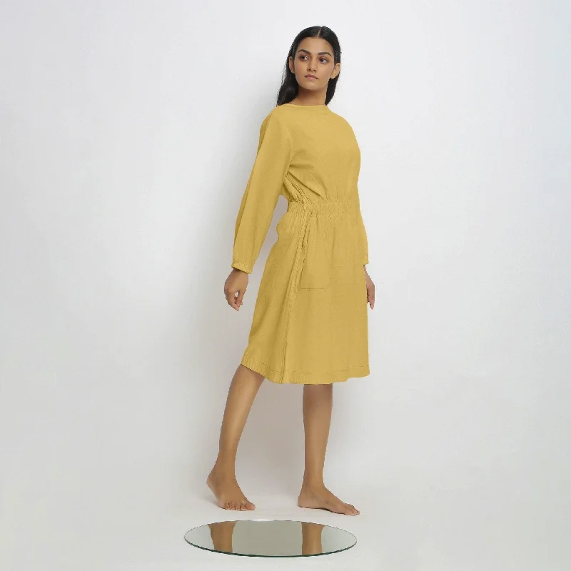 Light Yellow 100% Cotton Knee Length Fit and Flare Dress