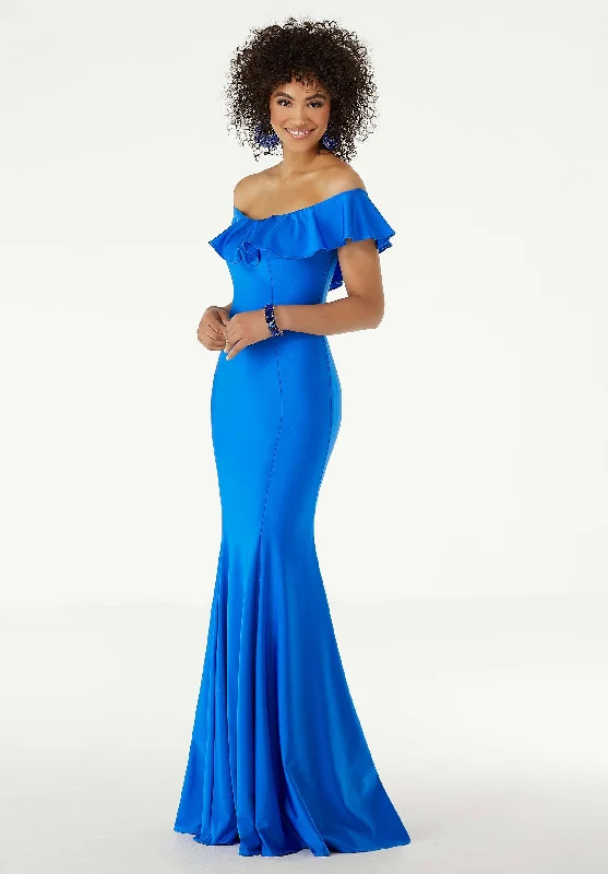 Mori Lee - Fitted Off-Shoulder Silky Jersey Trumpet Dress 45046