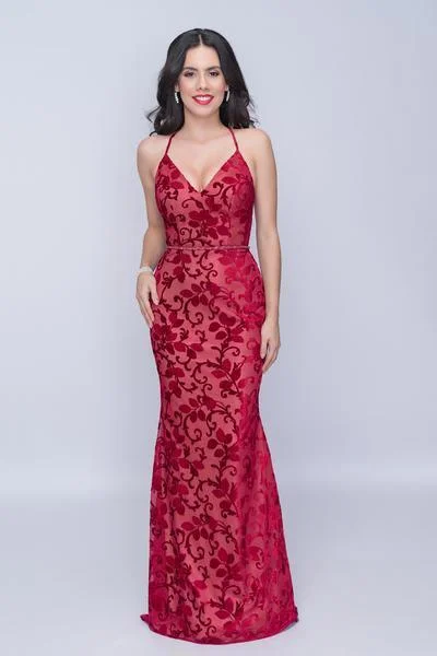 Nina Canacci - 2239SC Motif Deep V-Neck Sheath Gown