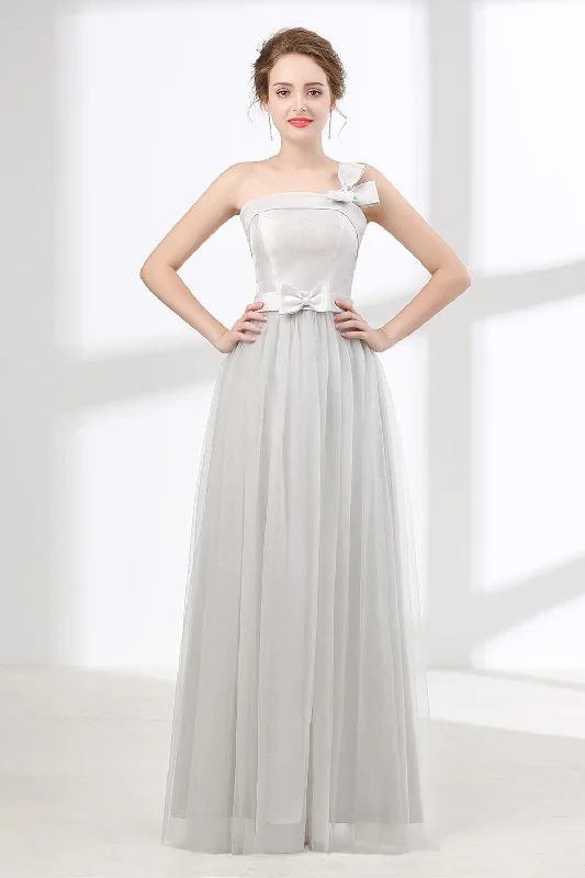 One Shoulder Soft Gray Floor Length Corset Prom Dresses outfit