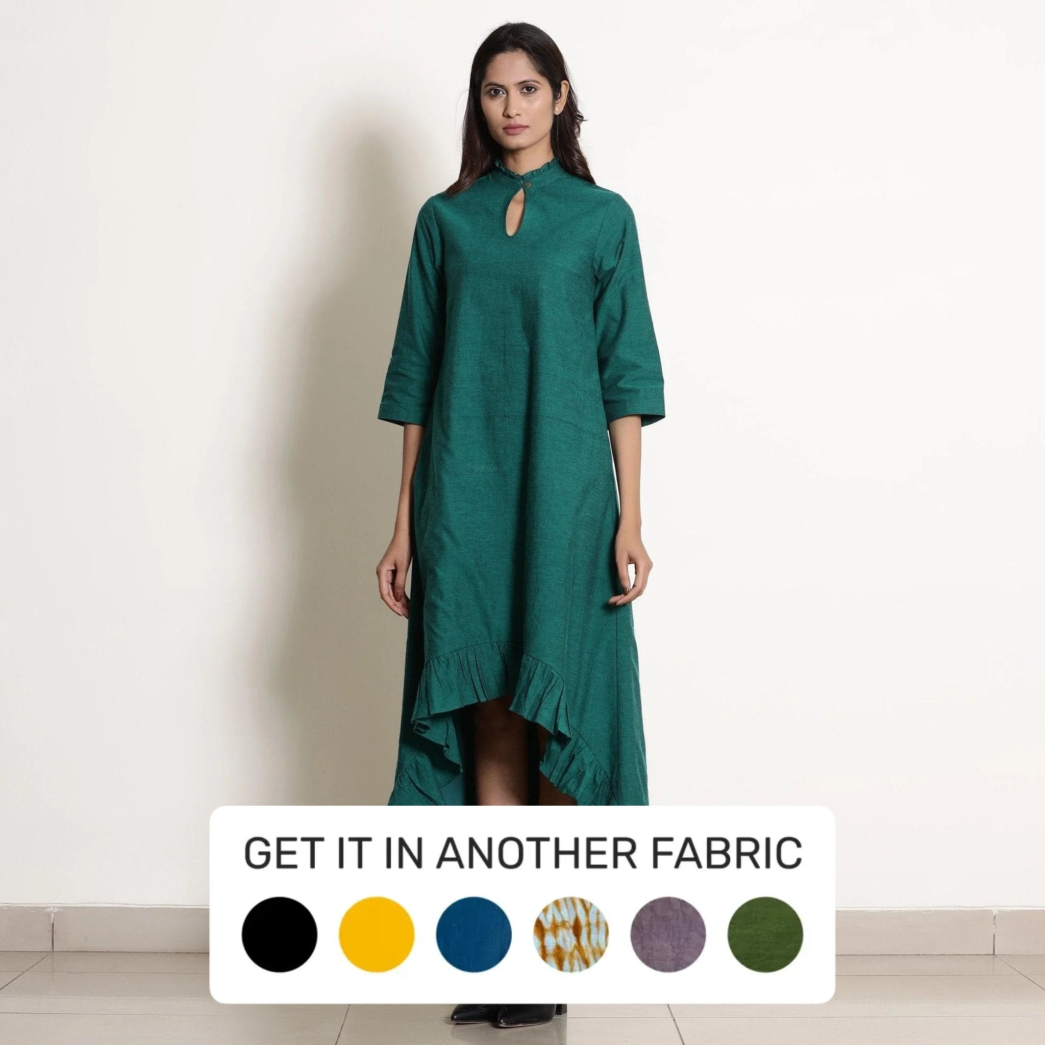 Pine Green Warm Cotton Frilled Neck Ankle Length Dress