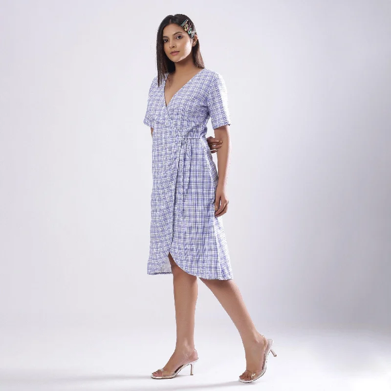 Powder Blue Checks Cotton Muslin Knee Length Wrap Dress