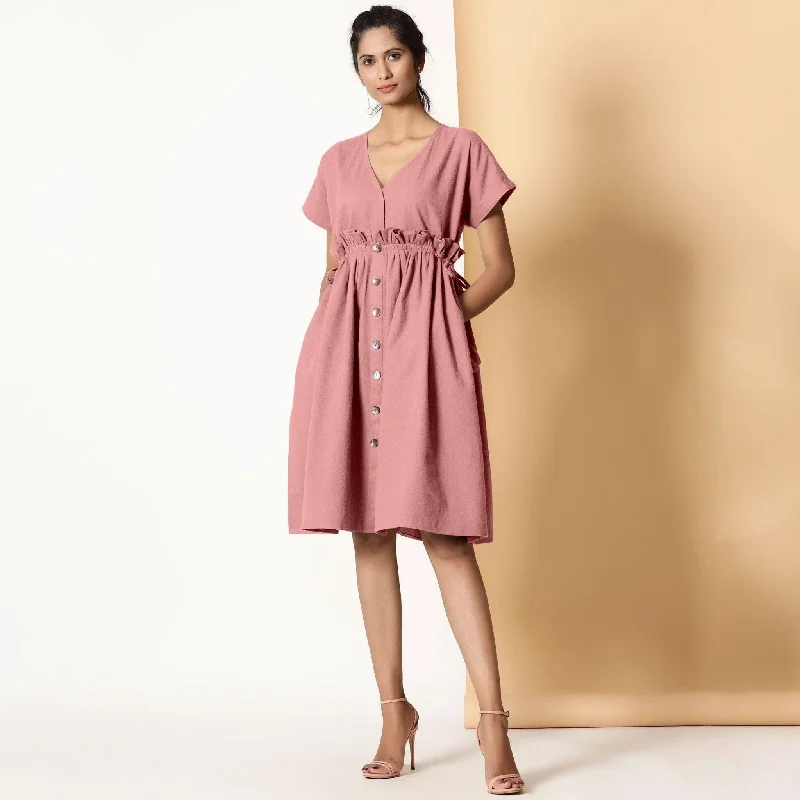 Powder Pink Warm Cotton Flannel Knee Length Frilled Dress