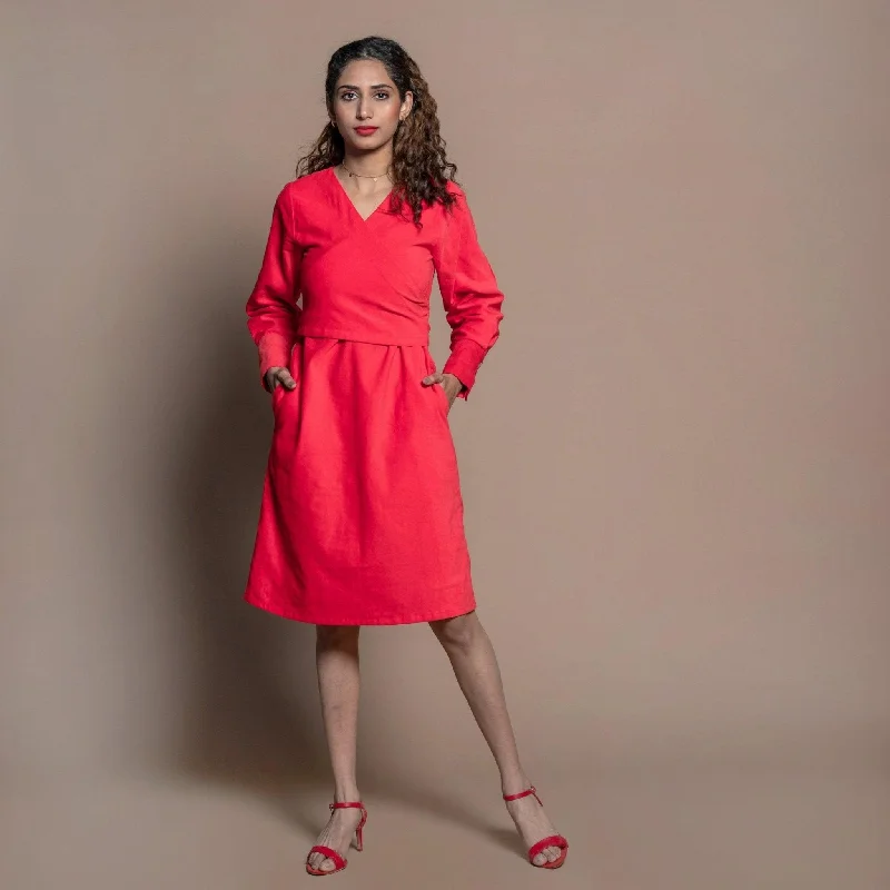 Red 100% Cotton Velvet Knee Length Wrap Dress