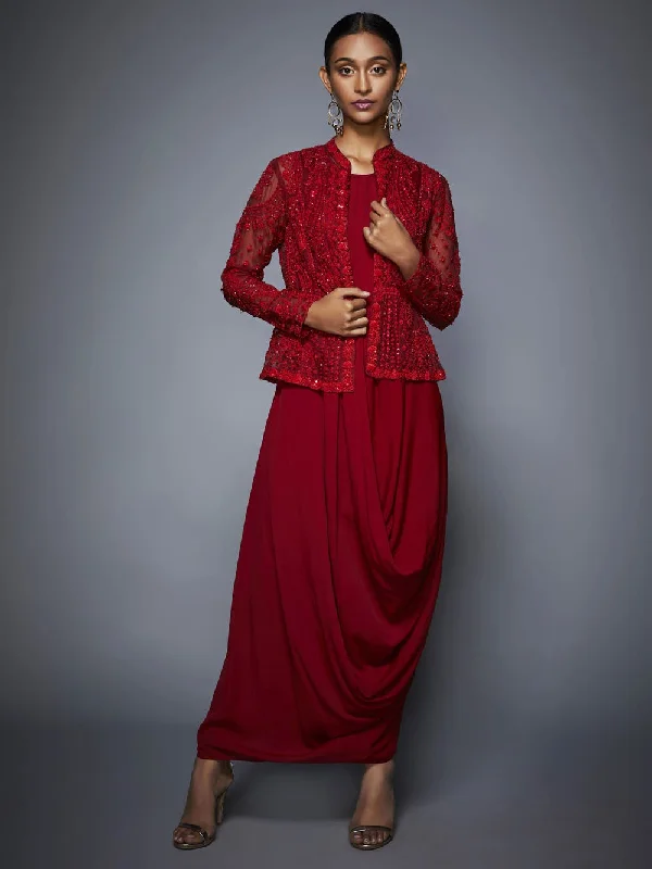 RI Ritu Kumar Red Cowl Dress with Jacket