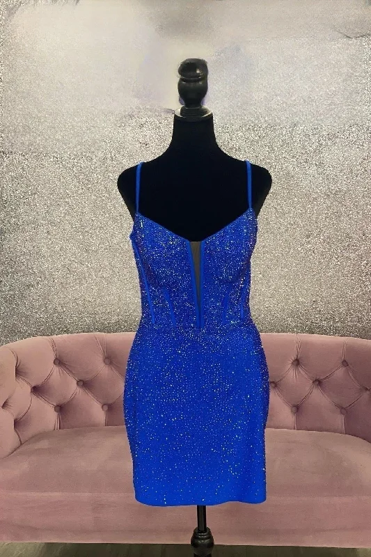 Royal Blue Beaded Sheath Deep V Neck Homecoming Dress