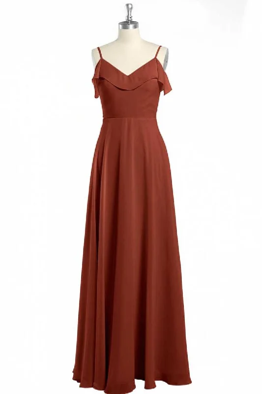 Rust Orange Chiffon Straps Ruffled A-Line Bridesmaid Dress