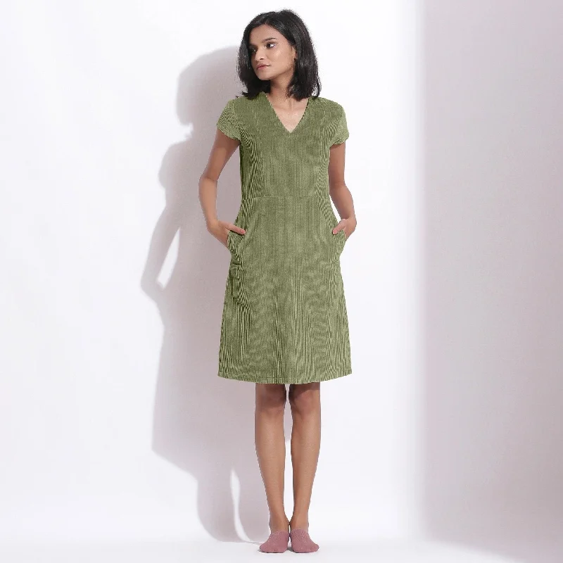 Sage Green Warm Cotton Corduroy Knee Length Shift Dress