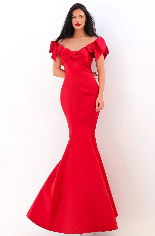 Tarik Ediz - Off Shoulder Bow Accented Sleeves Evening Gown 50744