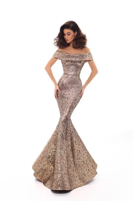 Tarik Ediz - Off Shoulder Evening Dress with Train 93622