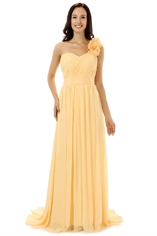 Yellow One Shoulder Chiffon With Pleats Flower Corset Bridesmaid Dresses outfit