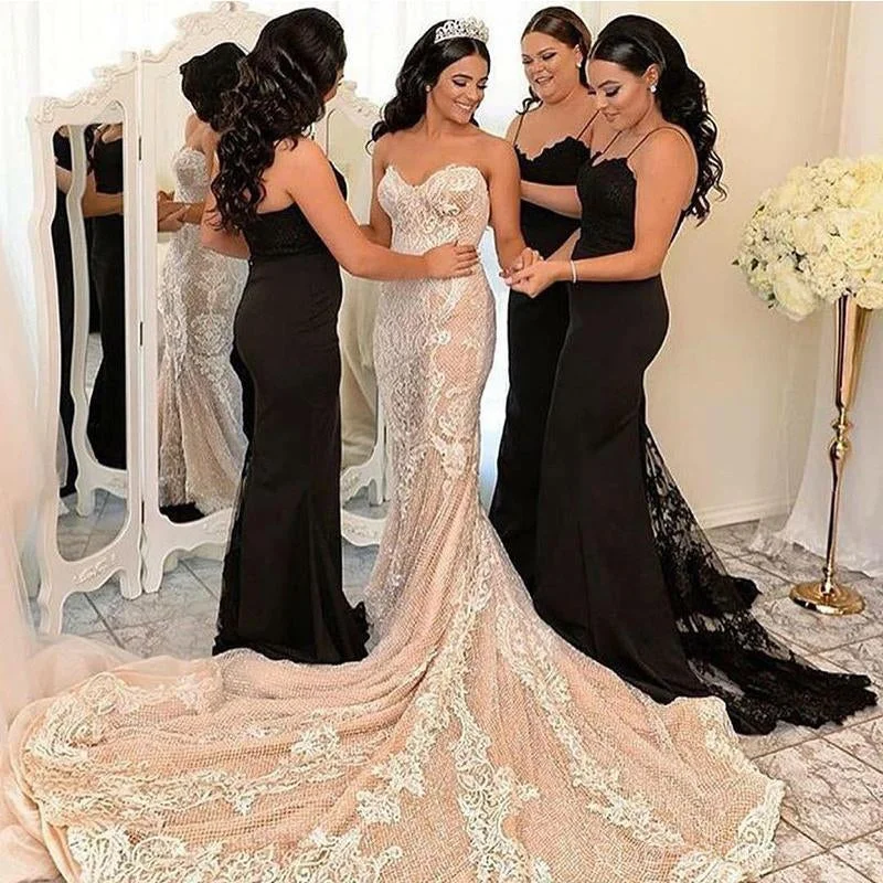 Black Lace Mermaid Cheap Long Bridesmaid Dresses Online, BD109