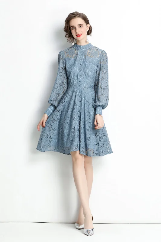 Blue Evening A-line Crewneck Long Sleeve Above Knee Lace Dress