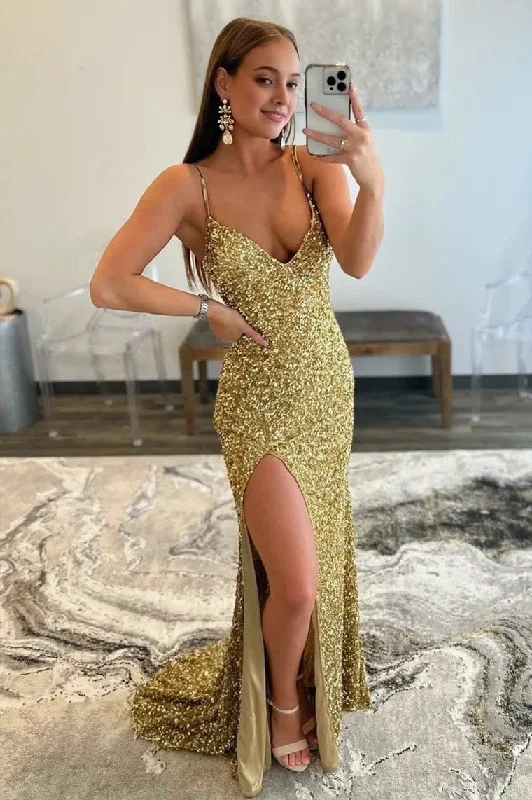 Charming Mermaid V Nekc Gold Sequins Long Prom Dresses with Slit