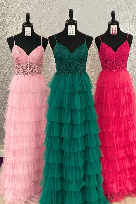 Dark Green A-Line Tiered Tulle Long Prom Dress with Lace