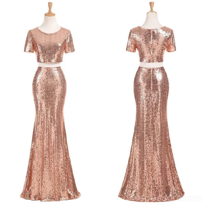 Sexy Two Pieces Short Sleeve Cheap Gold Sequin Long Bridesmaid Dresses, BD1111