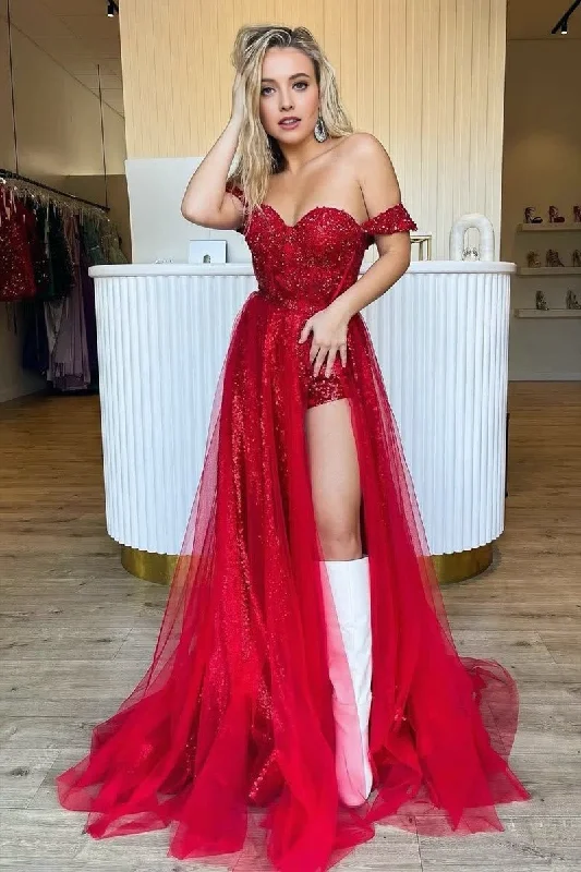 Sparkly Tow Piece Off the Shoulder Red Sequins Long Prom Dresses