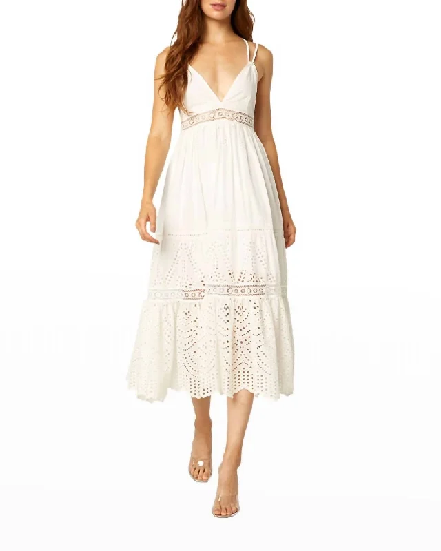 Embroidered Eyelet Midi Dress In White