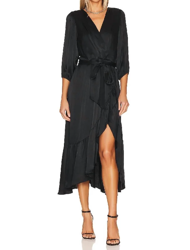 Ruffle Surplice Midi Dress In Black