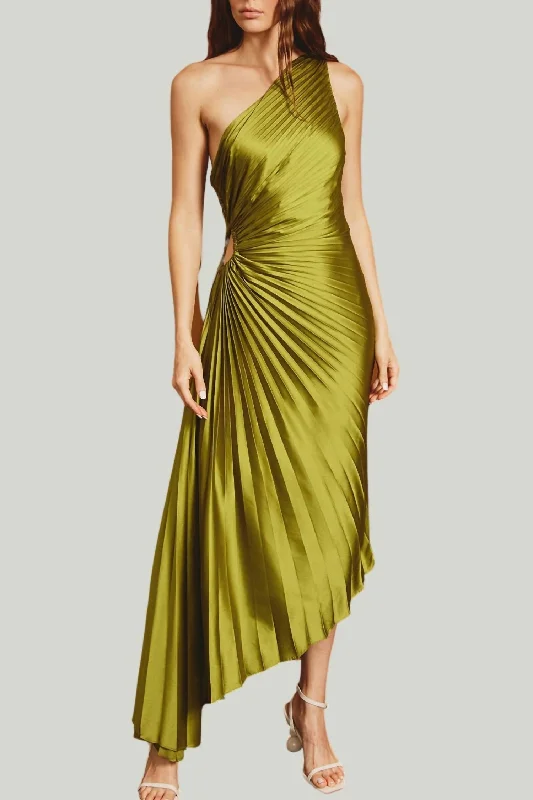 Stella Pleated Midi Dress In Olive Green