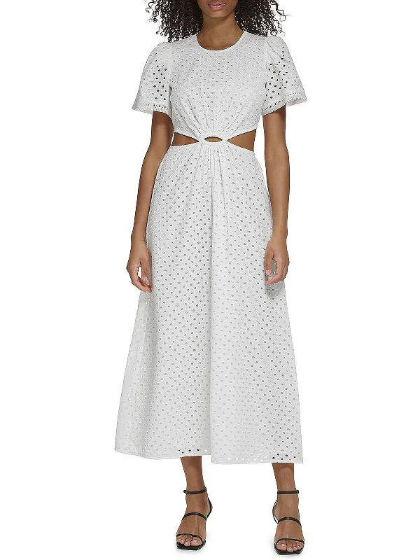 Womens Cotton Eyelet Midi Dress