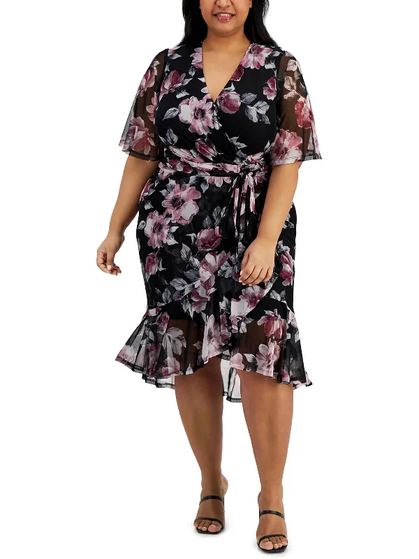 Womens Floral Belted Midi Dress