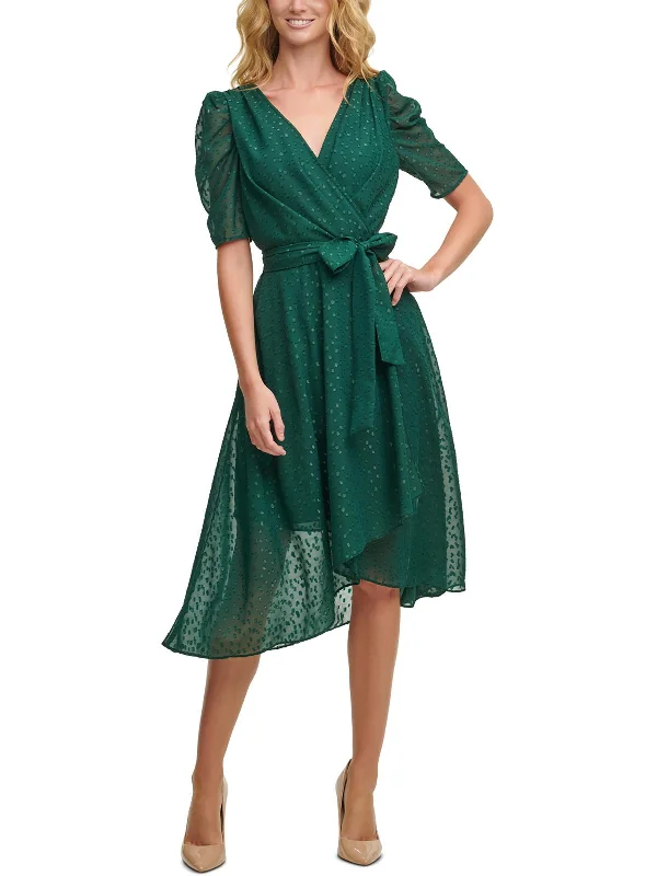 Womens Glitter Puff Sleeve Midi Dress